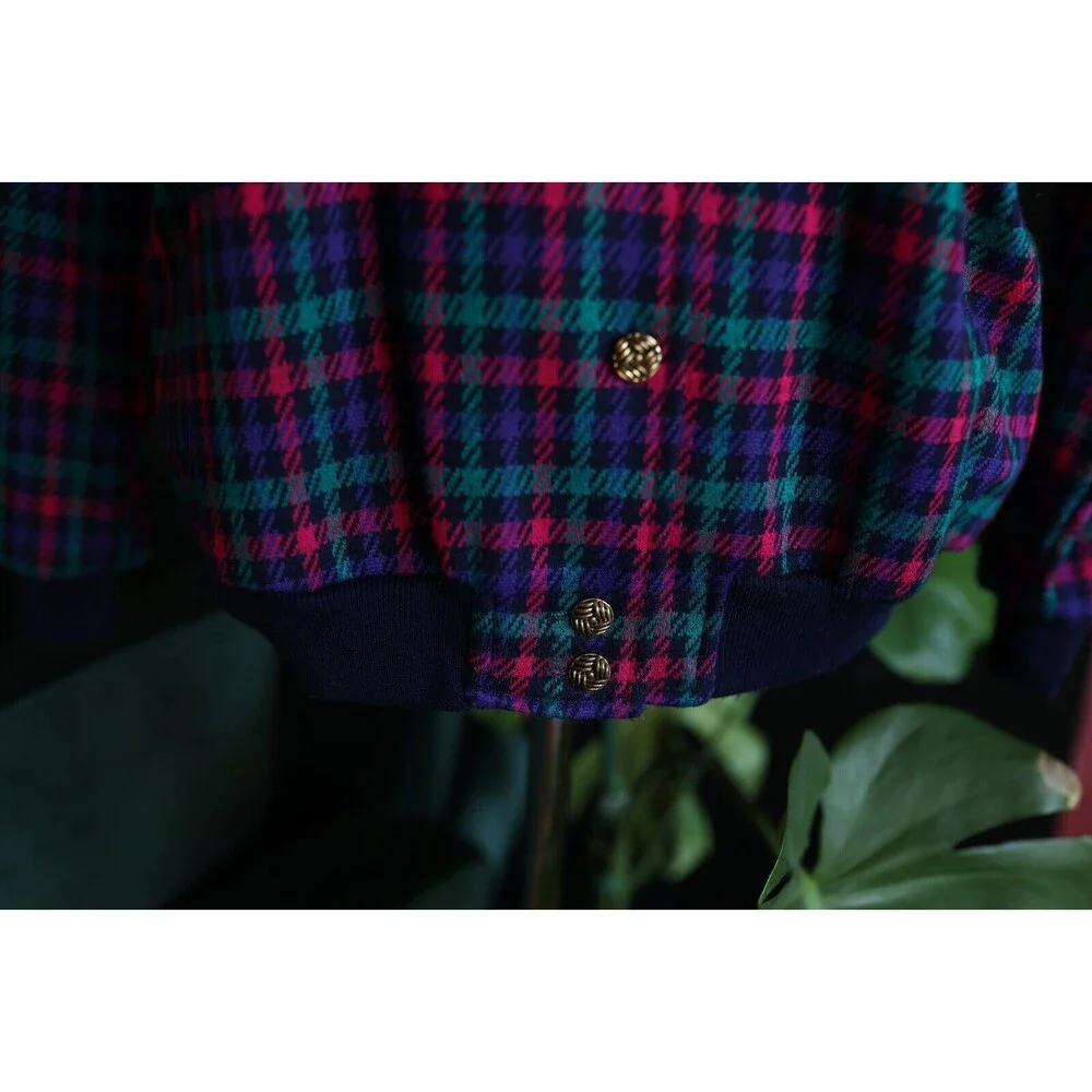 Vtg. Graff Californiawear Jewel Tone Plaid Button Down Cardigan Jacket Sz. 14